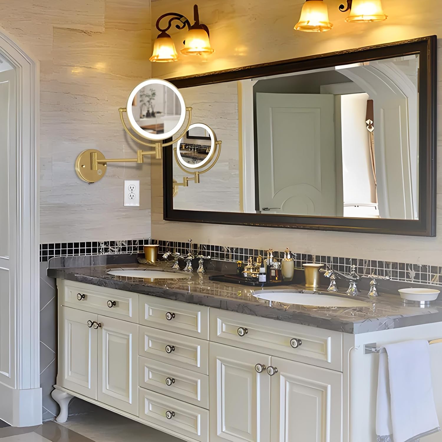 Wall Mounted Lighted Makeup Mirror with Magnification 5X, Rechargeable Bathroom Magnifying Shaving Cosmetic Mirror with Extension Swing Arm, Touch Stepless Dimming, Brushed Moderne Brass