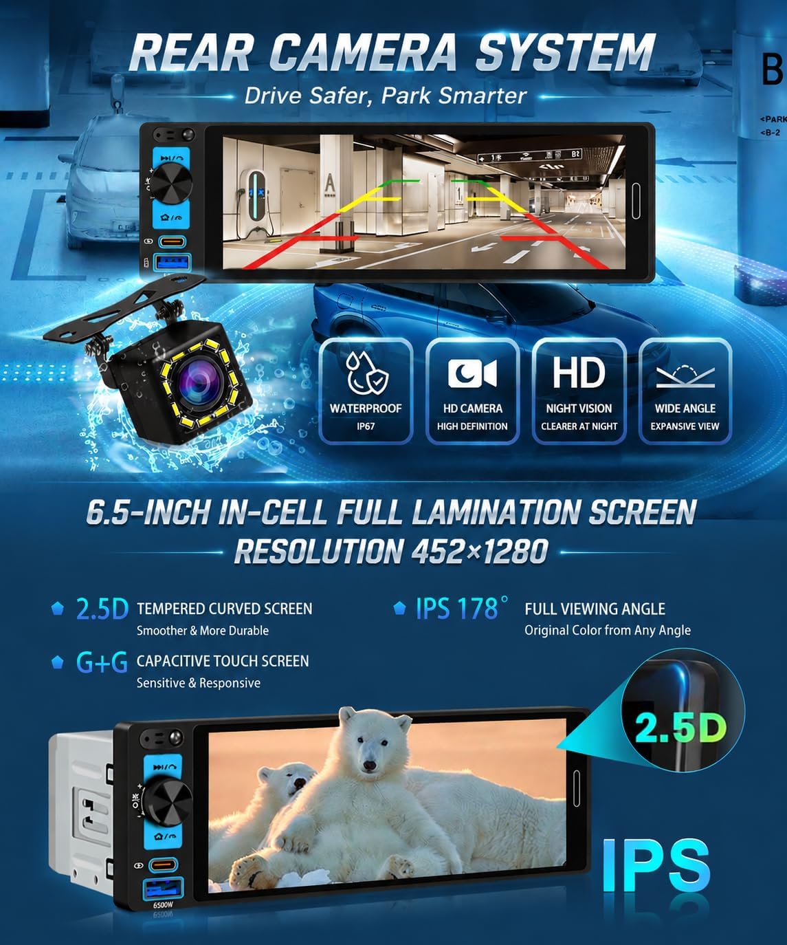 6.5” Single Din Car Stereo Receivers with Wireless Apple CarPlay, IPS Touchscreen 1280x452, Bluetooth 5.2, Car Radio FM AM, Backup Camera, USB Type-c Fast Charging, Android Auto, GPS Navigation, SWC