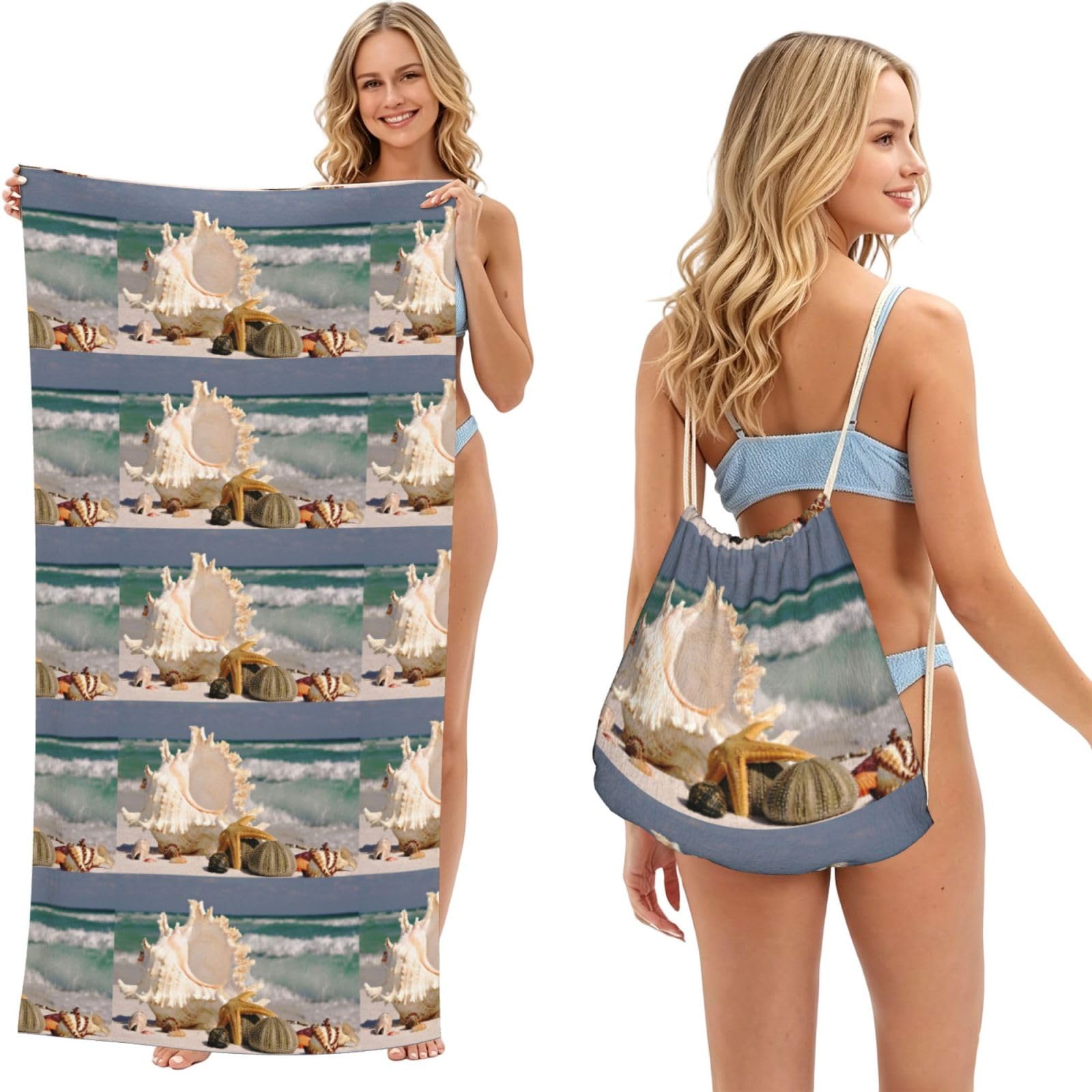 Poadnly As Picture Beach Starfish Seashells Print, 2 In 1 Packable Towel Bag, Beach Towels With Drawstring Backpack For Travel Holiday Camping