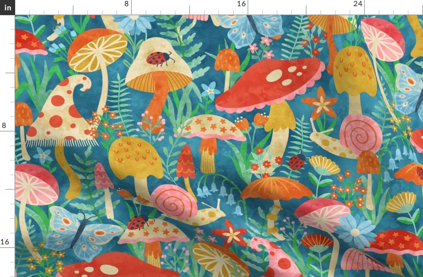 Spoonflower Fabric - Flowers Butterfly Forest Whimsical Snail Ladybug Ferns Mushrooms Printed on Denim Fabric by The Yard - Bottomweight Apparel Home Decor Upholstery