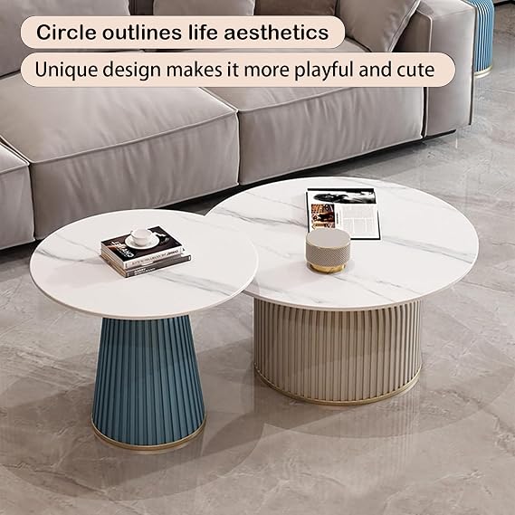 Round Nesting Coffee Table Set Of 2 Table, Marble Pattern Accent Tables, End Tables Living Room For Living Room Bedroom Balcony Yard(Color:White+coffee)