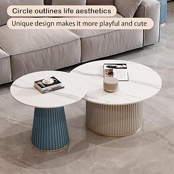 Round Nesting Coffee Table Set Of 2 Table, Marble Pattern Accent Tables, End Tables Living Room For Living Room Bedroom Balcony Yard(Color:White+coffee)