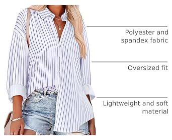 HOTOUCH Women Button Down Striped Shirts Drop Shoulder Blouse Long Sleeve Oversized Shirt with Pocket