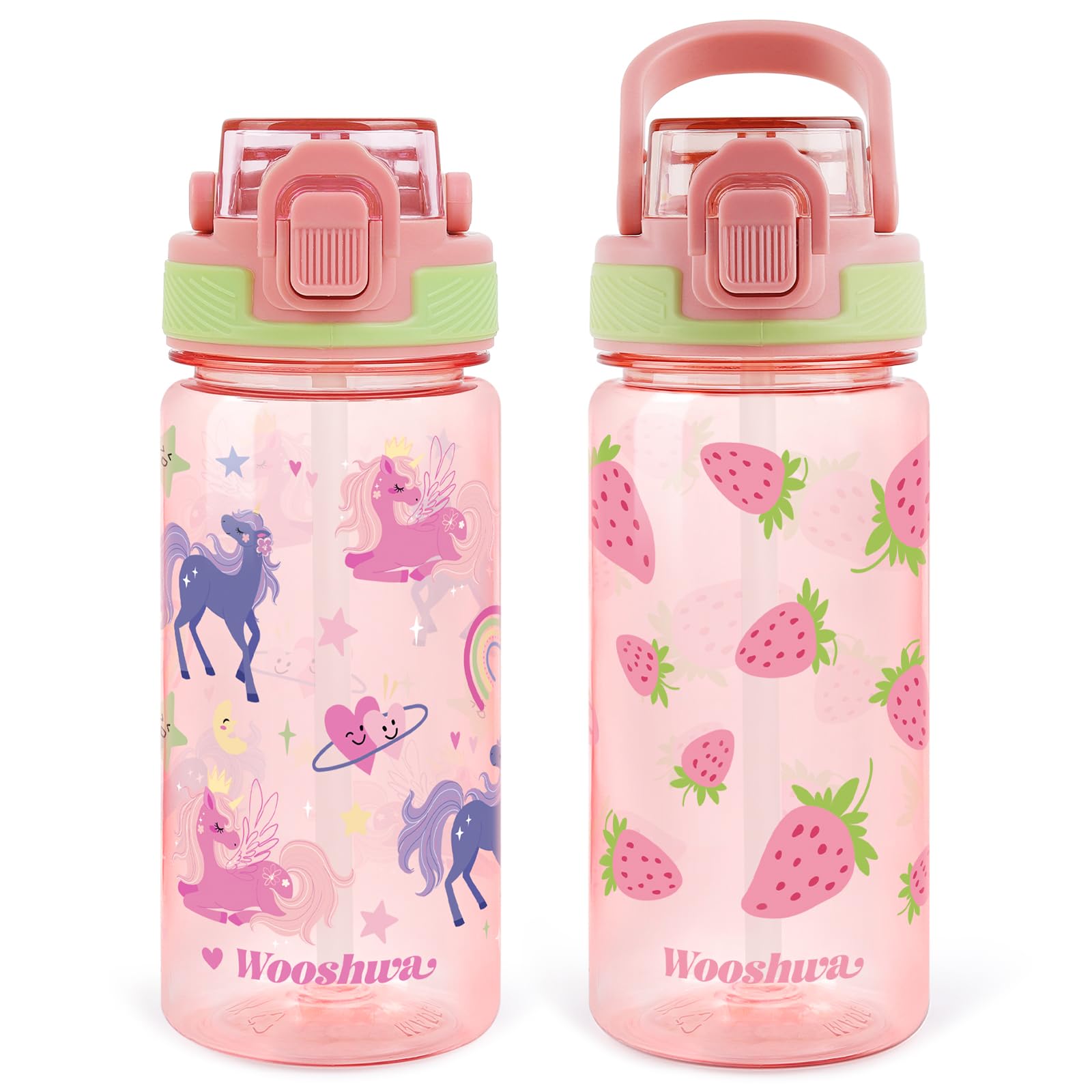omedecal 2Pcs Kids Water Bottles, 480ml BPA Free Water Bottle with Straw and Handle, Childrens Sports Drinks Bottle, Personalised Cup for Boys Girls, School (Unicorn+Strawberry)