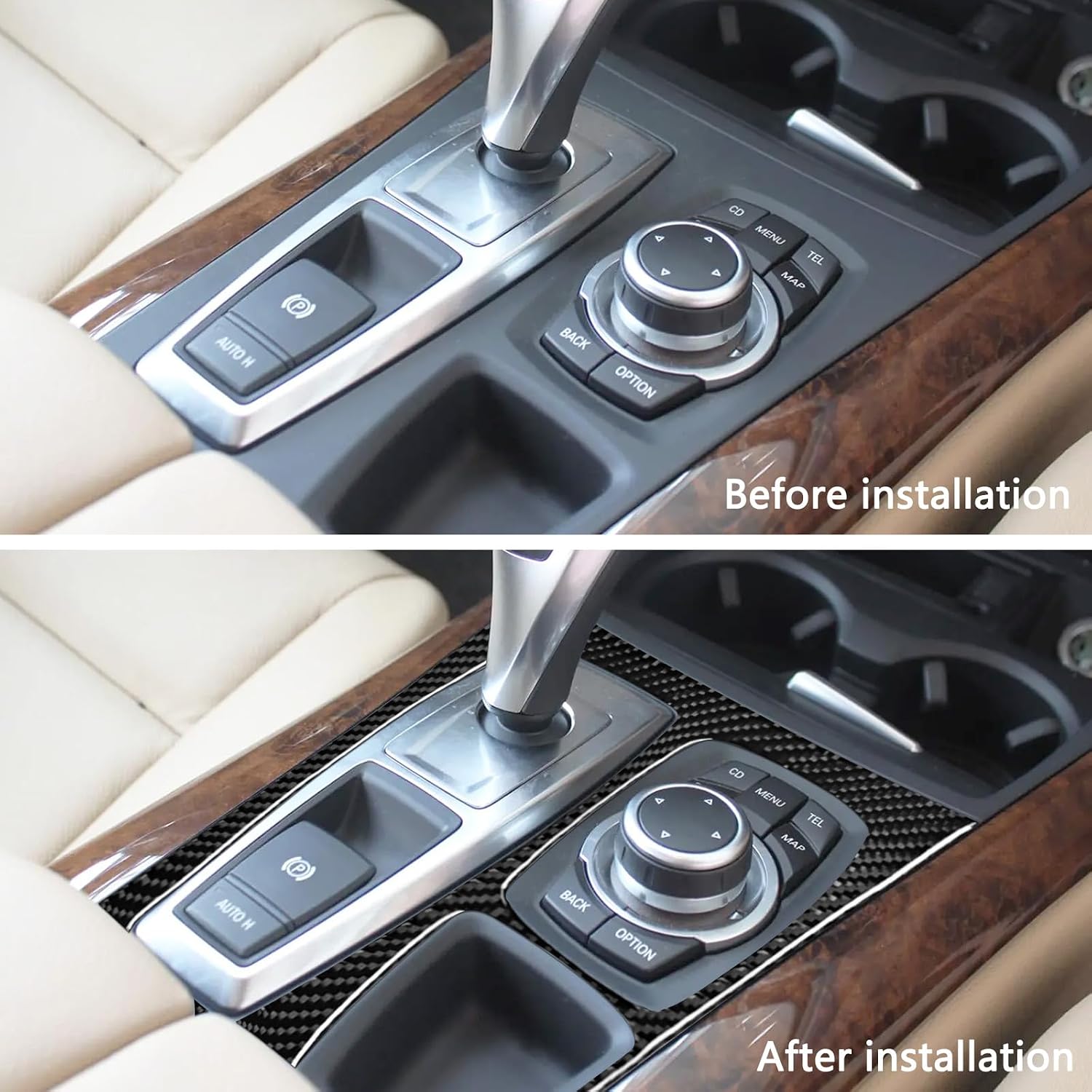Compatible with Carbon Fiber Center Console Gears Shift Frame Trim Cover Interior Decoration Sticker for BMW X5 E70 X6 E71 2008 2009 2010 2011 2012 2013 Style A (4PCS Black)