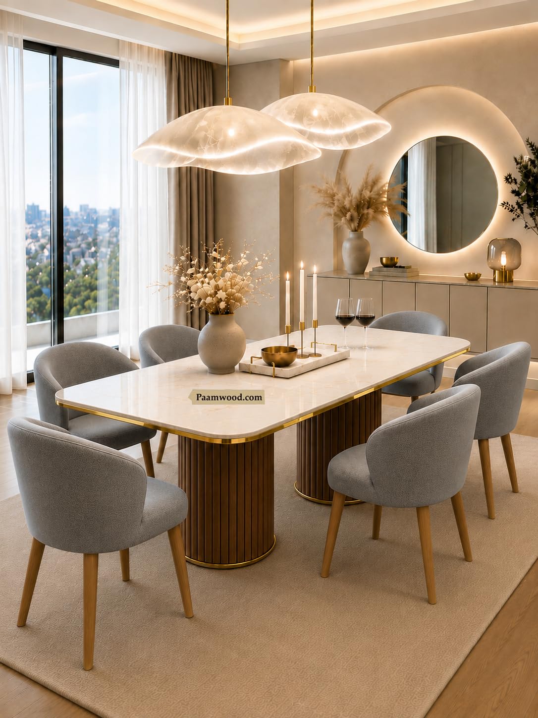 PAAM WOOD 6 Seater Dining Table and Chair with Nano Composite Marble Top and Golden Strip Set | 72 x 36 x 30 Inch Solid Wood Base with Swed Fabric Finish Dining Furniture for Living Room Home (Grey)