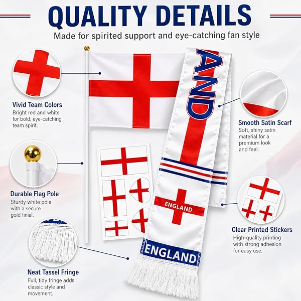 England Fan 5-Piece Set Scarf Flags Tattoos, World Cup 2026 Merchandise, Perfect to Match Your England Football Shirt for Men Women Boys Girls Pub Stadium - 4