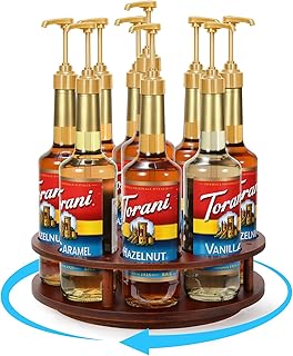 Rotating Coffee Syrup Organizer 9 Bottles Coffee Syrup Rack for Countertop Wood Syrup Bottle Holder Stand for Coffee Bar Station, Turntable Wine Display Tray
