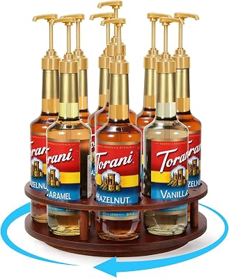 THYGIFTREE Rotating Coffee Syrup Organizer for Countertop, 9-Bottle Wooden Syrup Rack & Bottle Holder for Coffee Bar Station, Turntable Display Stand, Brown