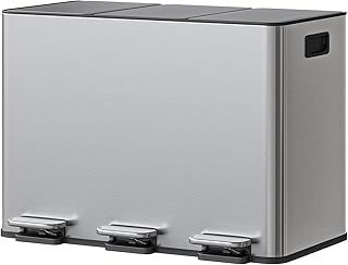 GarveeHome Mülleimer Küche, Mülleimer 3 fächer, Mülltrennsystem 3 x 15 Liter, Tretmülleimer mit Edelstahldeckel, Softclose-Deckel mit Inneneimer für Recycling und Restmüll, Edelstahlfarbe