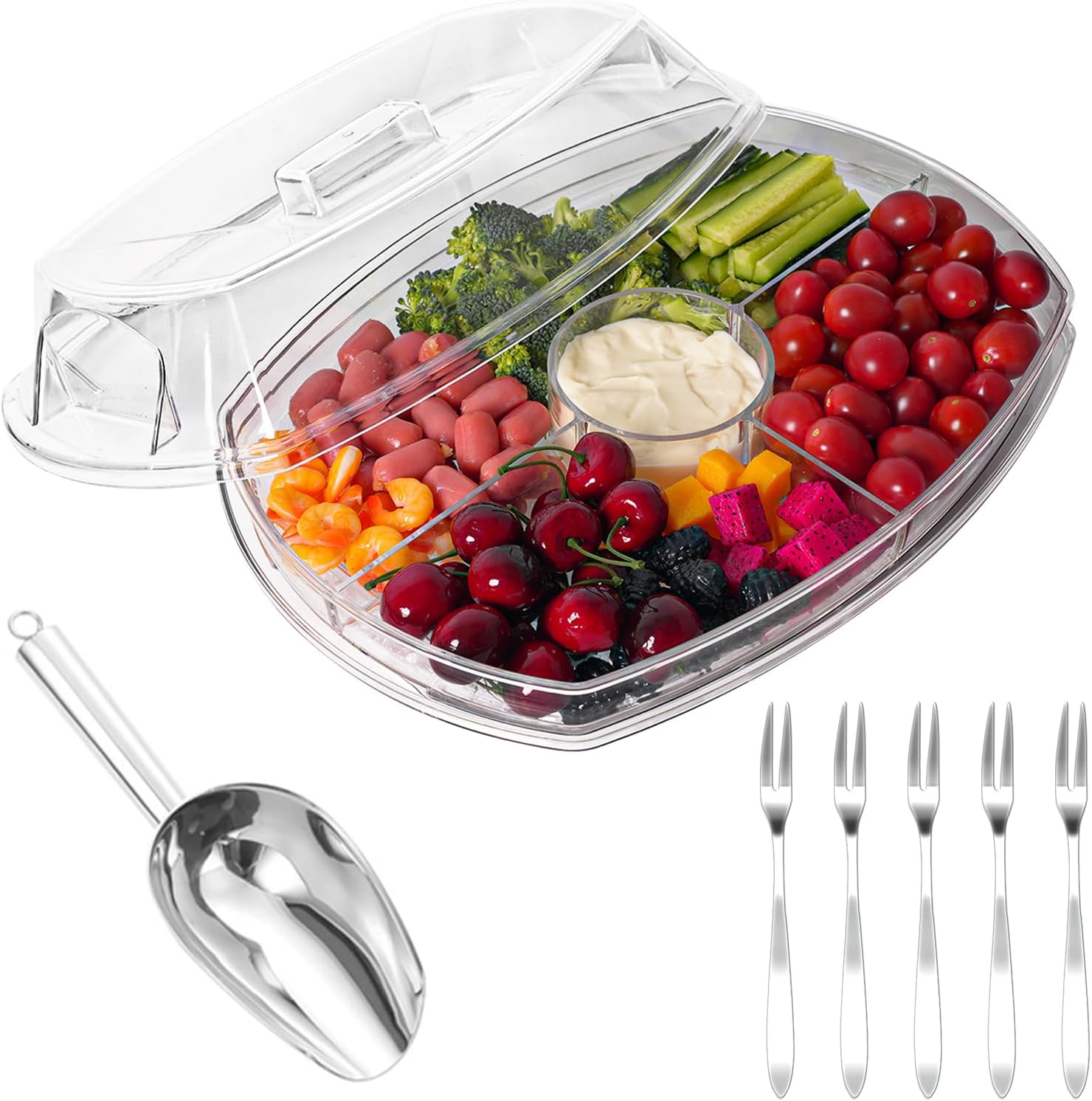 Appetizer Serving Tray on Ice with 1 Stainless Steel Ice Scoop and 5 Forks Chilled Platter with Lid, 4 Compartments for Shrimp Cocktail Fruits Veggies Seafood Dips, Cold Dish for Party Style E