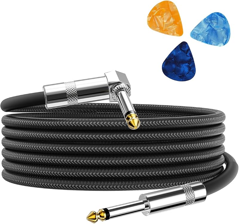 Guitar Cable, Guitar Cord 10ft, with Random‑Color Picks | AMP Cord for Bass, Electric Guitars, Keyboard, Mandolin, Professional Instrument Cable, Right Angle to Straight, Black