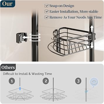 Consumest Corner Shower Caddy Tension Pole - Rustproof Shower Shelves with Towel Bar & Soap Holder, Adjustable Bath Organizer for Bathroom Storage, 27.6-108.3 inch, Black