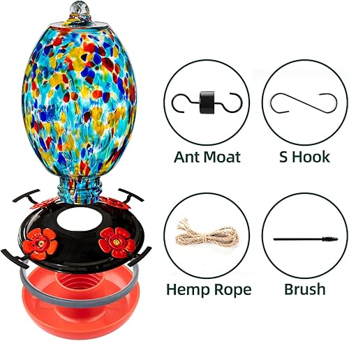 Miniatura 35 de Muse Garden - Comedero de vidrio soplado de 27 onzas para colibríes para exteriores; regalo p/mamá, mujeres, abuelos, decoración de jardín p/colgar
