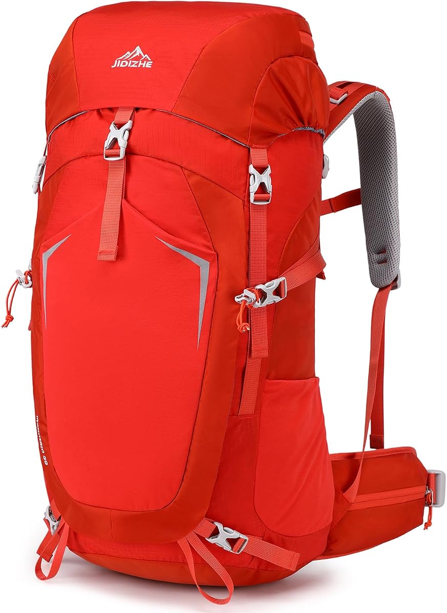 Mochila de senderismo de 50 L con marco interno y cubierta para la lluvia, mochila ligera con correa ajustable para el pecho, mochila transpirable para senderismo, camping, trekking, viajes, hombres y mujeres (naranja, 50 L)