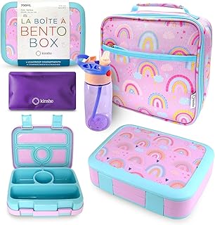 Bento Lunch Box with Insulated Bag, Water Bottle & Ice Pack Set for Kids Toddlers, 4 Portion Sections, Removable Tray, Pre-School Girl Kid Toddler Daycare Lunches, Snack Container, Purple Rainbow