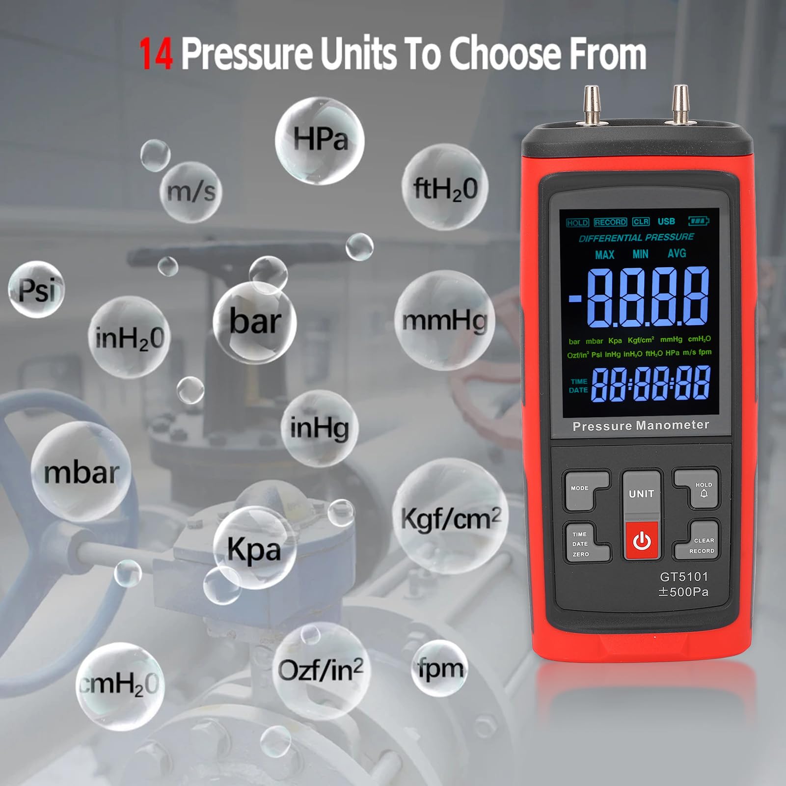ViaGasaFamido Manómetro Digital, Probador Profesional de Presión de Gas HVAC de Doble Puerto con Manómetro Diferencial y Pantalla LCD Retroiluminada, para Medición y Calibración de Gas