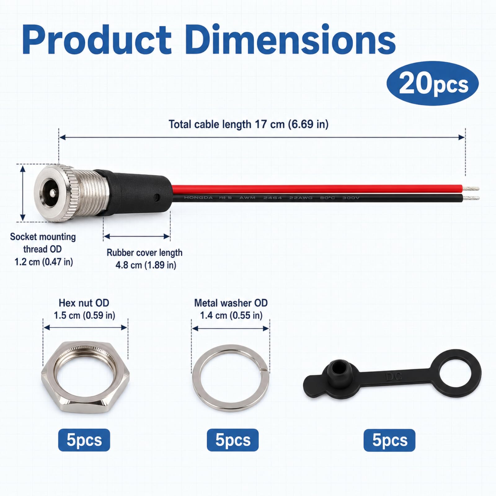 5 Stück DC Power Jack Socket 5,5 x 2,5 mm, DC Buchse Panel Mount mit Kabel 15cm und Gummi-Schutzkappe, Weibliche Hohlstecker Panel Mount DC Steckverbinder 10A, für Elektronik DIY Geräte Reparatur