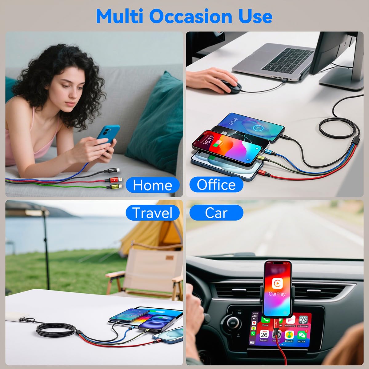 Minlu 4 in 2 Multi Cavo di Ricarica, Cavo USB Multiplo con Trasferimento Dati[3,5A 1,2M] Cavo di Ricarica Multiplo Nylon Intrecciato,USB A/C a Lightning/Tipo C/Micro per iPhone/Galaxy/Android/Tablet