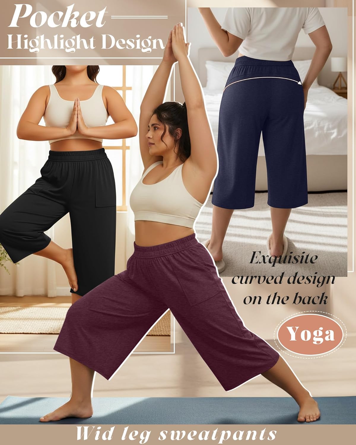 Neer 3 Pack Women Plus Size Capris Cotton Wide Leg Cropped Pants Casual Elastic Waist Loose Fit Lounge Sweatpants with Pocket - Image 3