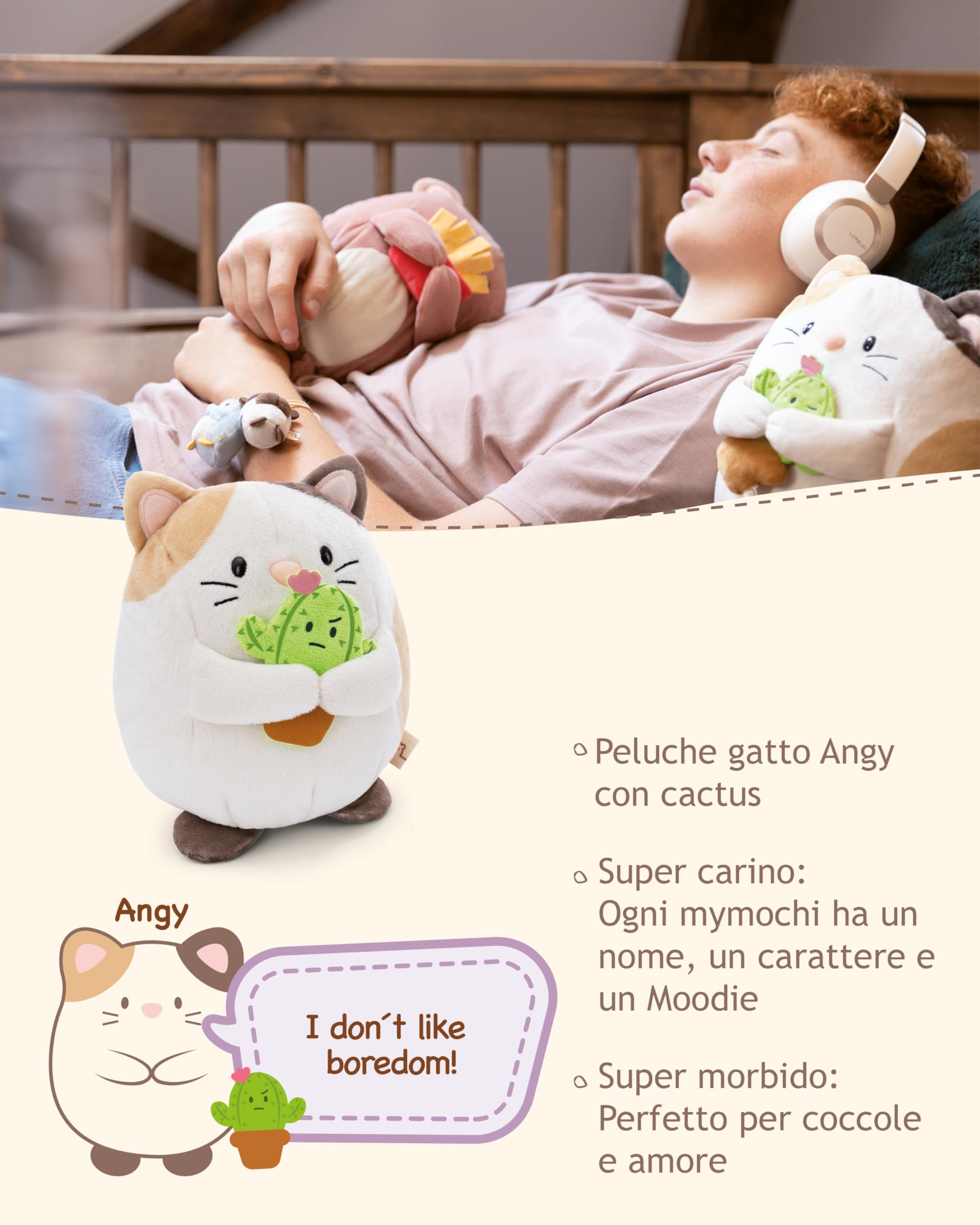 Peluche Gata Angy De NICI – 13 Cm Con Cactus Imantado Y Carita Expresiva, Regalo Kawaii En Caja Para Niños Y Adultos