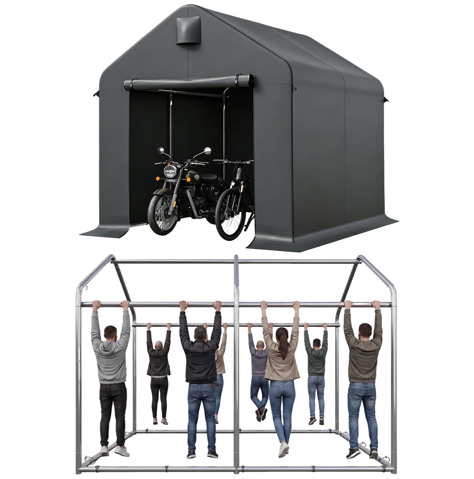 Aoxun 2.3x1.9M Heavy Duty Outdoor Storage Shed, Portable Waterproof Bike Shed Shelter and Garden Storage Tent, Roll-up Door Carport for Motorcycle and Lawn Tools, Dark Grey