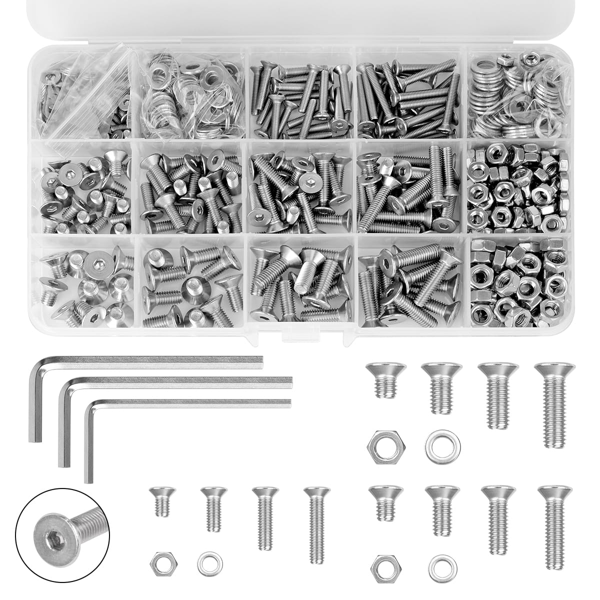 700Pcs M3 M4 M5 304 Stainless Steel Countersunk Screws Bolts Nuts and Washers Set, Hex Socket Flat Head Screw with Wrenches and Tweezers (8/12/16/20mm)