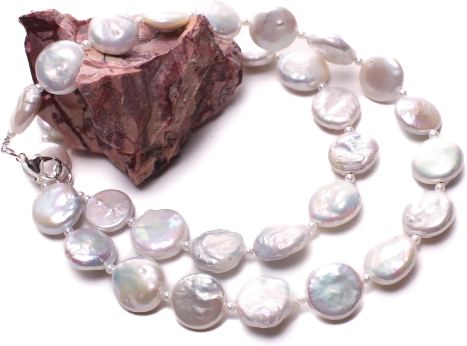 Natural Freshwater 11-12mm Coin Pearl White High Luster Necklace with 2mm Seed Pearl accent Spacer in 925 Sterling Silver or 14K Gold Filled Clasp