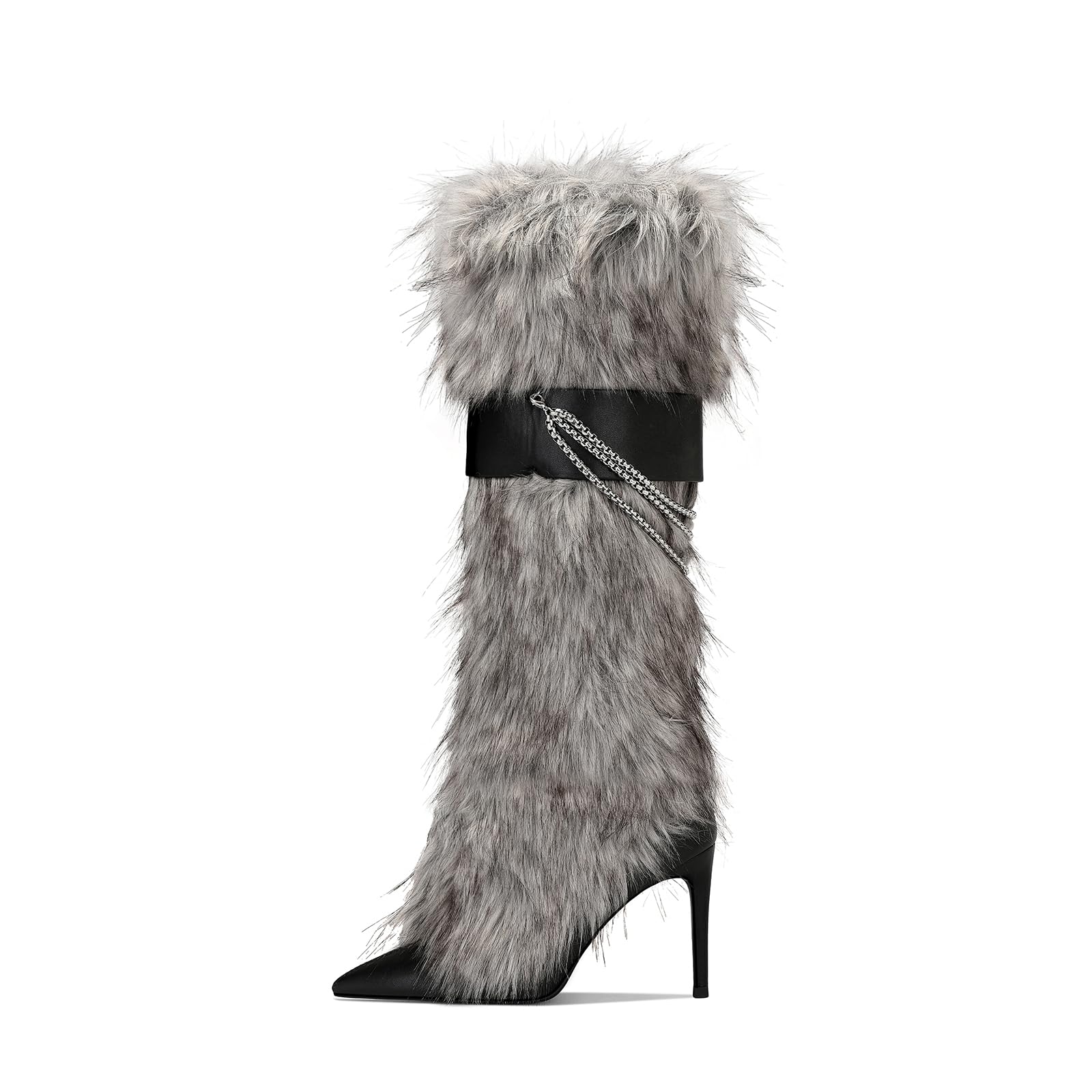 Ouwilov Women’s Faux Fur High Heel Boots – Furry Stiletto Boots with Chain Detail & Stretch Knit Inner Shaft Elegant Winter Fur Boot Heels for Fashion