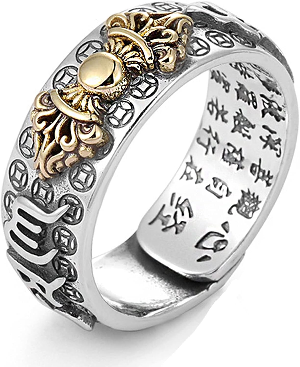 Pierścień Mantry Feng Shui PiXiu,Kucheed Srebrne Buddyjskie Pierścienie na Szczęście,MANI Amulet Mantra Biżuteria Zespół,Otwarte Regulowane Pierścionki Prezent dla Kobiet Mężczyzn (B)