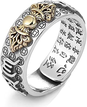 Woffoly Feng Shui Pixi Mantra Ring Silver Buddhist Lucky Finger Ring MANI Amulet Mantra Jewelry Double Protection Well Slab Health Band Vintage Open Adjustable Ring Gift for Men Women G