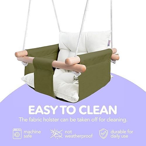 Miniatura 14 de CaTeam - Columpio de lona para bebé, silla colgante de madera con cinturón de seguridad, columpio duradera para bebé, columpio para exteriores e Azul