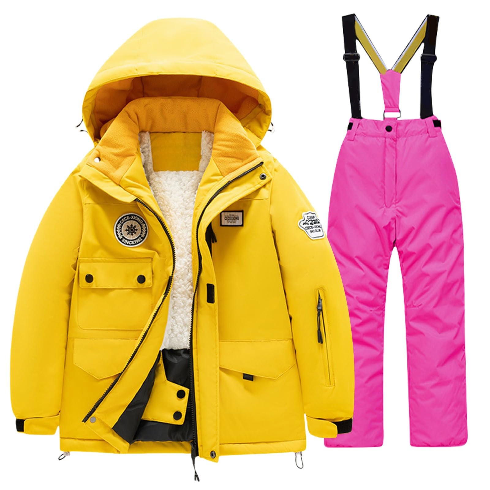 Kinder Skianzug mit Kaputze Schneeanzug Mädchen Junge Verdickte Fleecegefüttert Skijacke + Skihose Zweiteiler Wasserdicht Winddicht Skianzüge Daunenjacket Skihosen Equipment Suit Kinder
