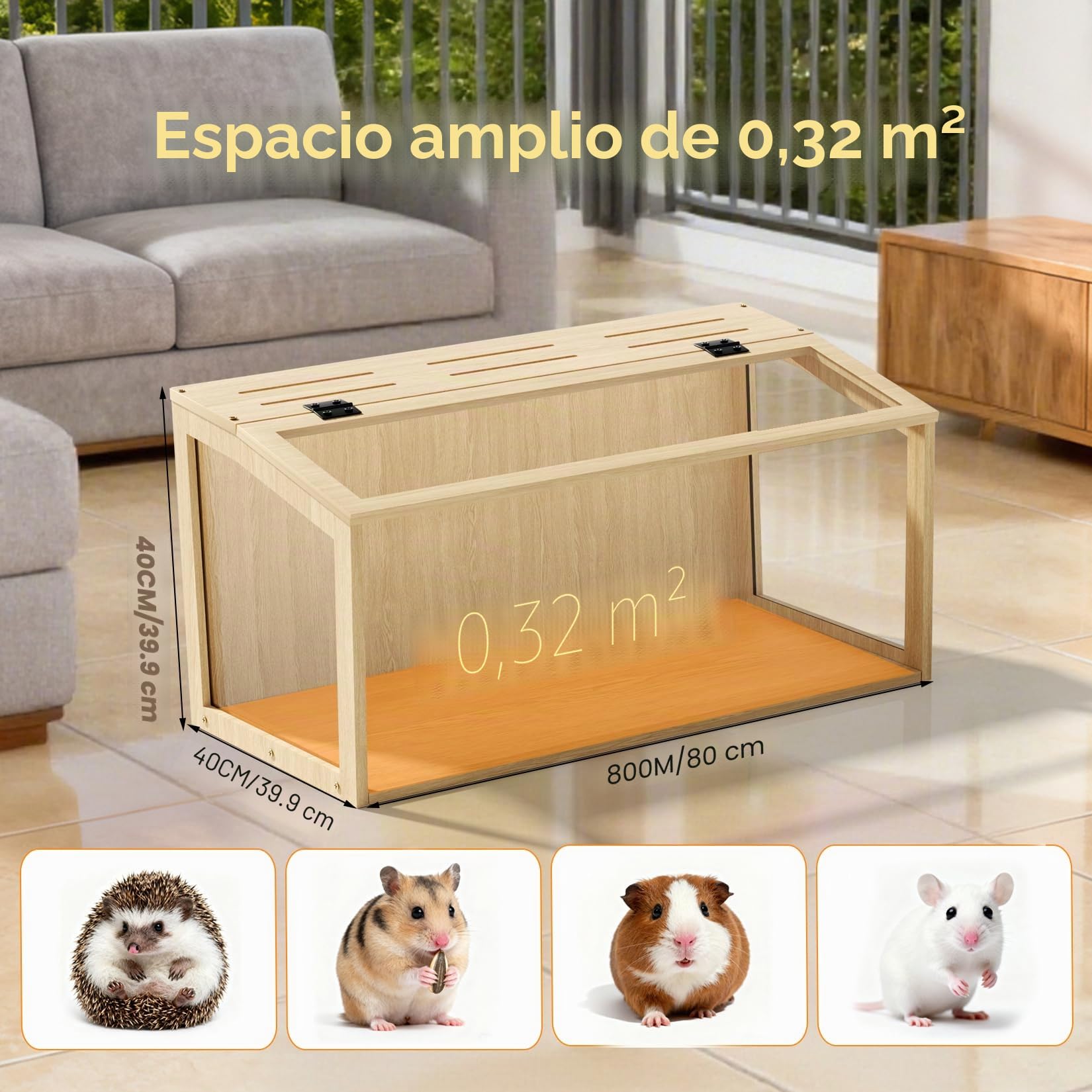 BingoPaw Jaula para Hámster, 80x40x40cm Jaula Hamster Madera con Luces LED Integradas y Paredes de Vidrio Templado para Hámsters Enanos Jerbos y Animales Pequeños