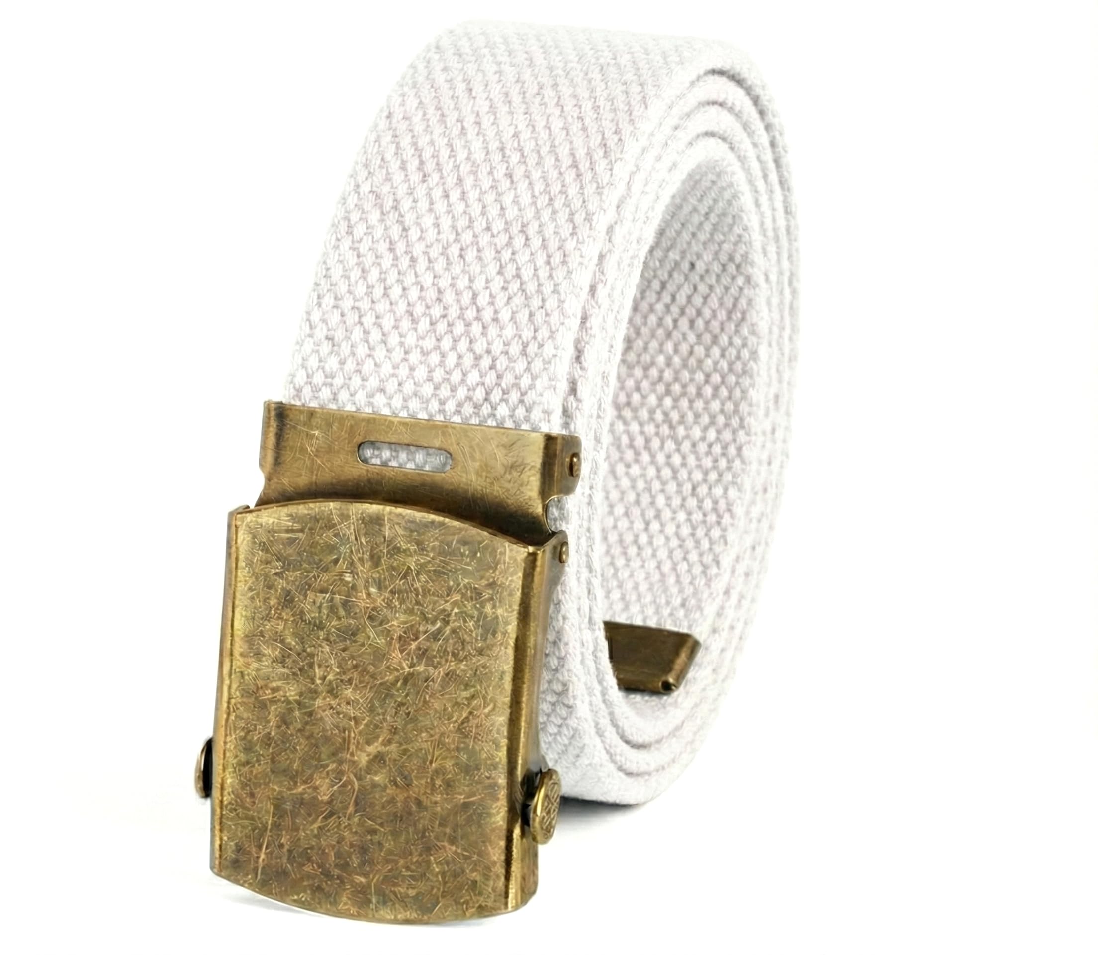Canvas Web Belt Military Style with Antique Brass Buckle and Tip 50" Long, White, One size