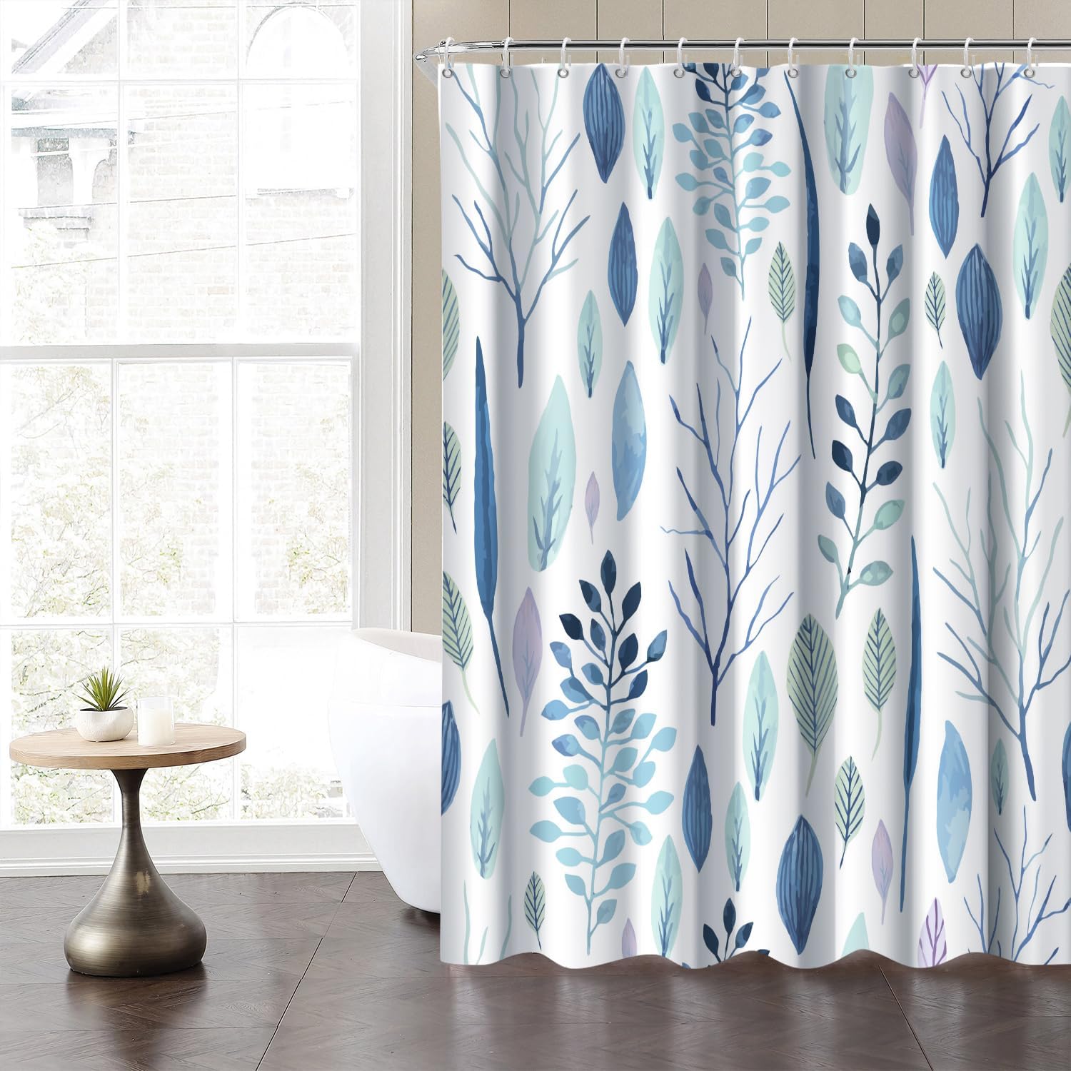 Blue Leaves Shower Curtain Set with Hooks Farmhouse Botanical Plants Shower Curtain for Bathroom Blue Leaves Branches Waterproof Fabric Decor 72x78inches