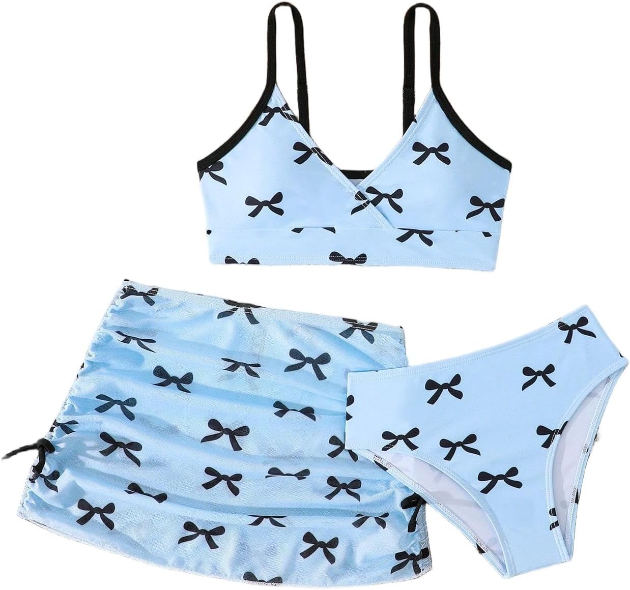 QJQ Girl's 3 Piece Floral Swimsuit Cute V Neck Bikini Set High Waisted Bathing Suit Sheer Mesh Cover Up Skirt