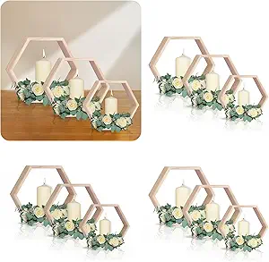 OurWarm 12Pcs Hexagon Centerpiece Table Decorations, Wooden Table Centerpieces for Wedding, 3 Size Honeycomb Wedding Centerpieces for Tables, Geometric Lanterns for Wedding Table Home Room Wall Decor