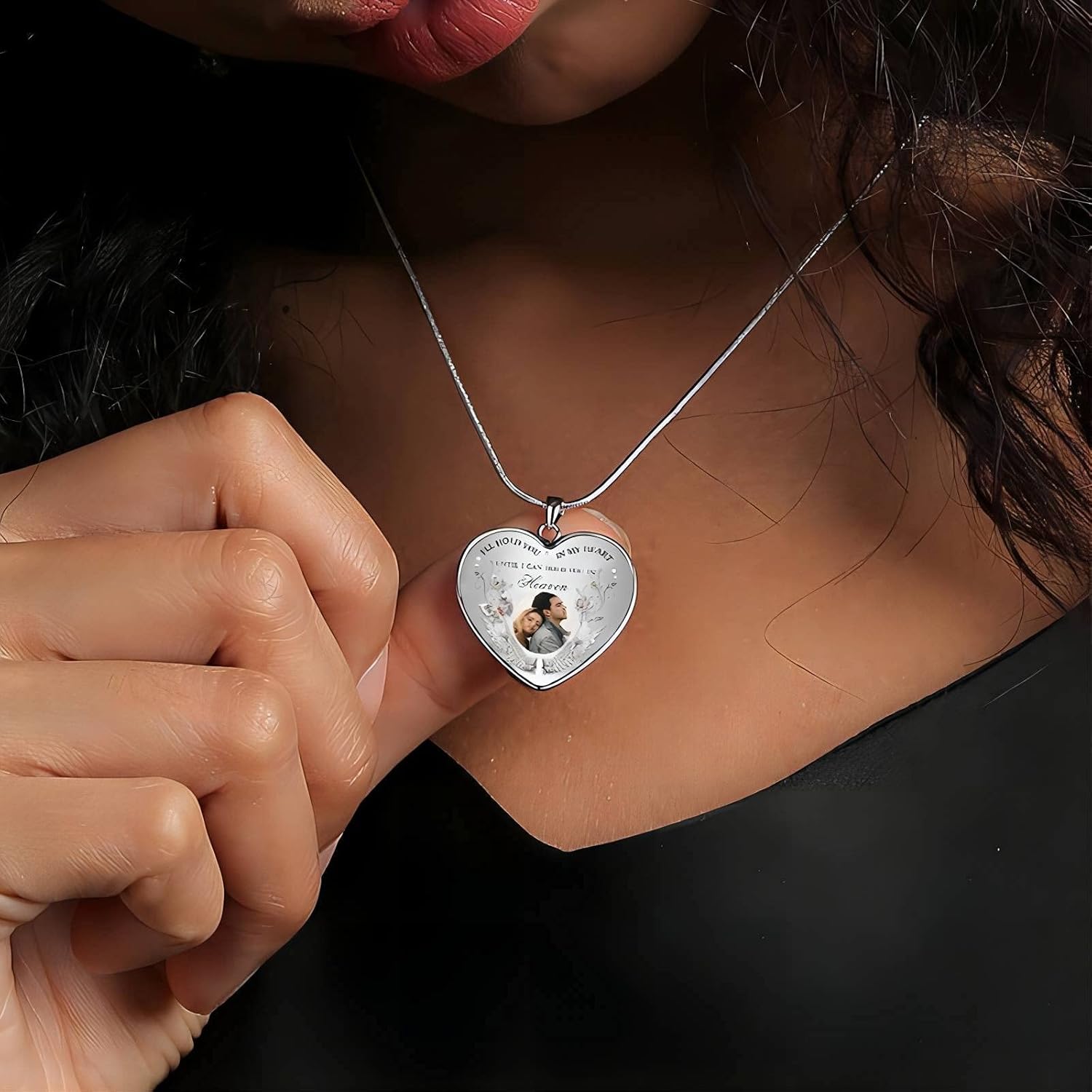Drawelry Personalized Photo Necklace Custom Picture In Memory Heartshaped I'll Hold You In My Heart With Wings Snake Chain Necklace Pendant Jewelry Gifts for Men Women Him Her Mom Couple - Image 5