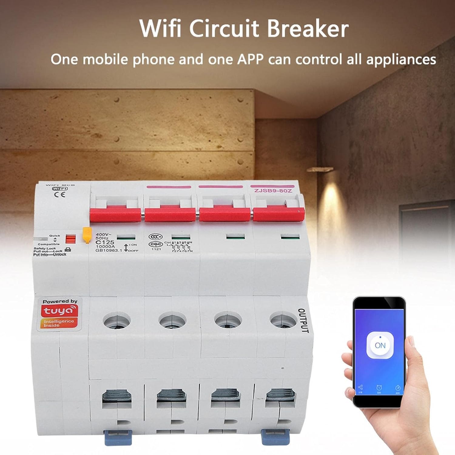 Smart Circuit Breaker, AC220V PA66-DSM Flame Retardant Shell Phone APP Remote Switch (4P 80A)