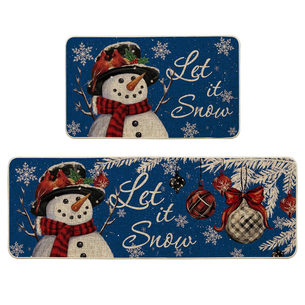Artoid Mode Blue Let It Snow Snowflake Snowman Winter Kitchen Mats Set of 2, Christmas Decor Low-Profile Kitchen Rugs for Floor - 17x29 and 17x47 Inch