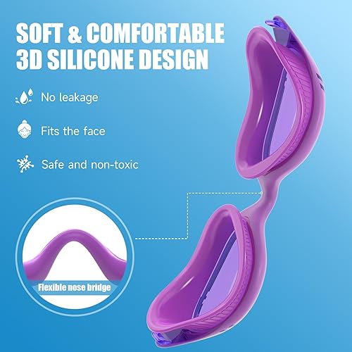 Miniatura 2 de Gafas de natación para adultos para hombres y mujeres, gafas de natación para piscina, antiniebla/UV, gafas de natación con estuche Púrpura