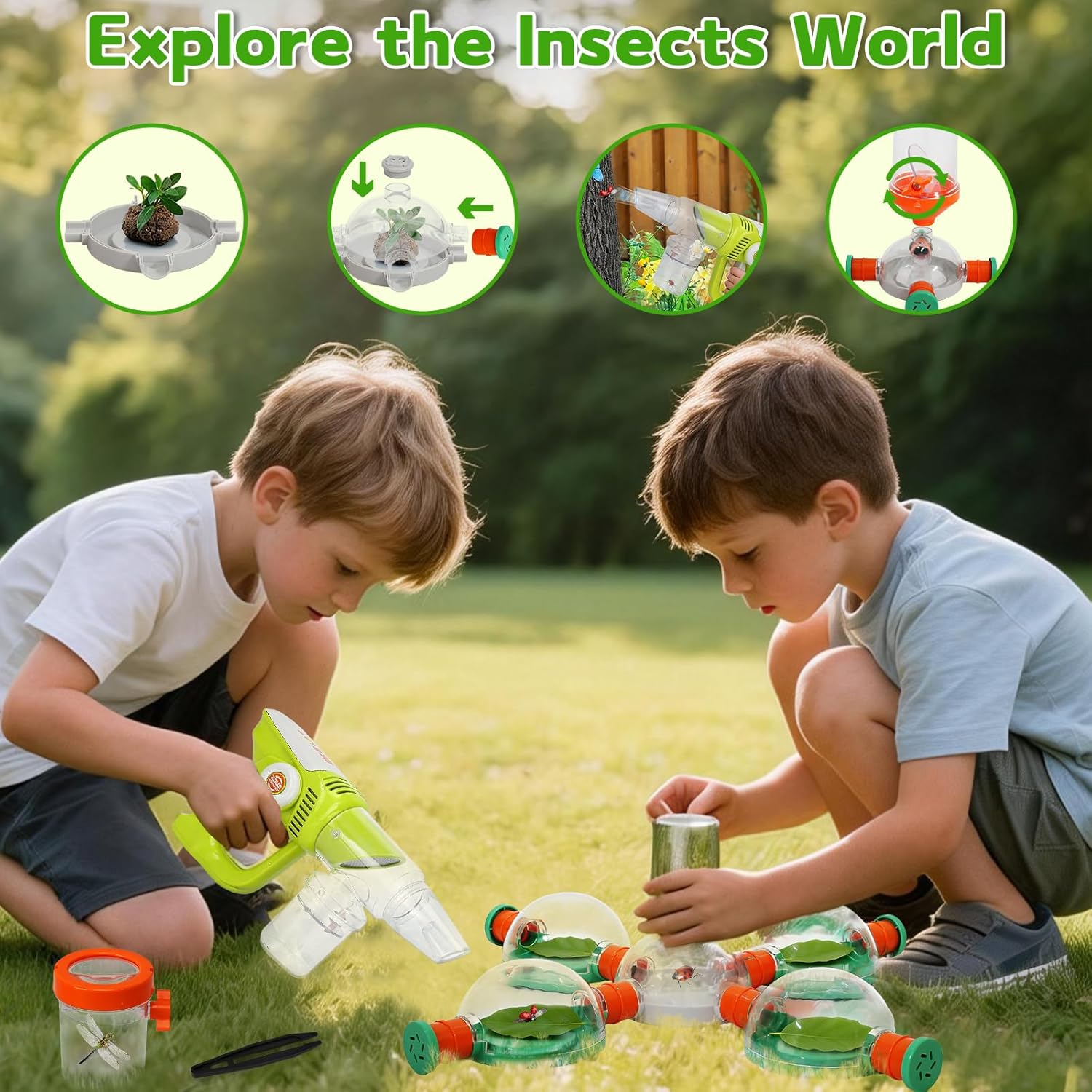 Bug Catcher for Kids 3-5, Bug Vacuum Toys Set for Toddlers 1-3, Magnify Glass, Observation Case, Insect Tweezer, Catch Pinning, STEM Educational Tool Outdoor Summer Explorer Kit Gifts for Boy Girl