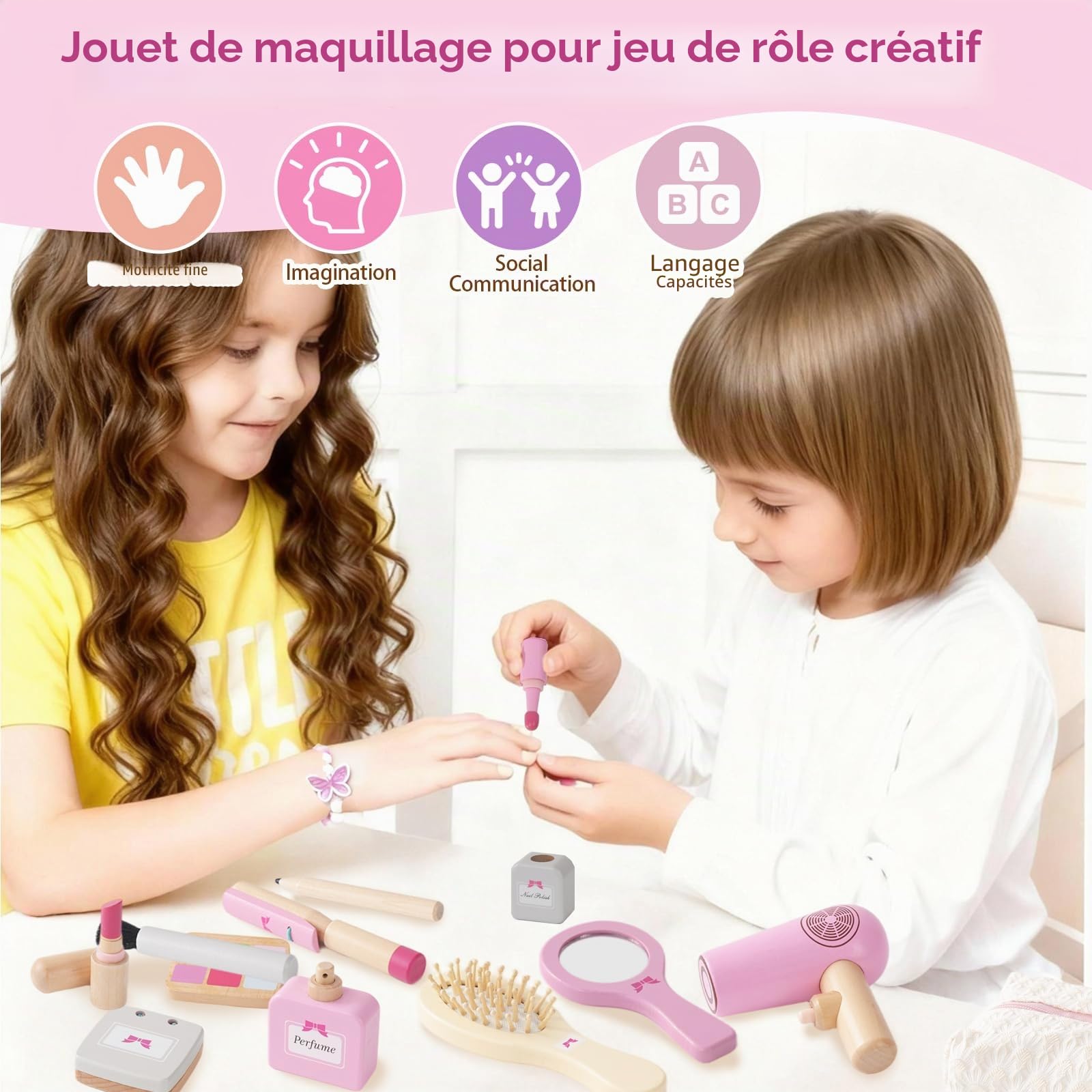Jouets de Maquillage Kit pour Enfants, Faux Maquillage Enfant Fille, Coiffure en Bois pour Jeux de Rôle, pour Les Anniversaires et Noël des Enfants de 3 4 Ans.