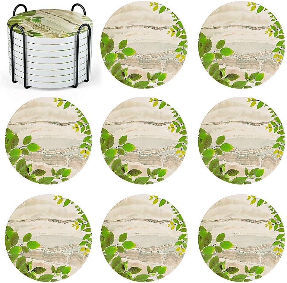Coasters Set,Cute Green Leaf Ceramic Coaster,Coasters for Drinks Absorbent Funny,Coasters for Coffee Table,Coasters for Drinks Absorbent with Holder,The Best Gift for Friends Or Family