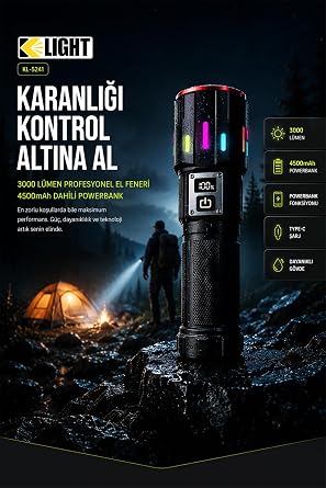 ROBO K-Lite serisi KL-5142  arjl  Ultra g l   ok Fonksiyonlu Dijital Profesyonel El feneri [Enerji S n f  A+++]