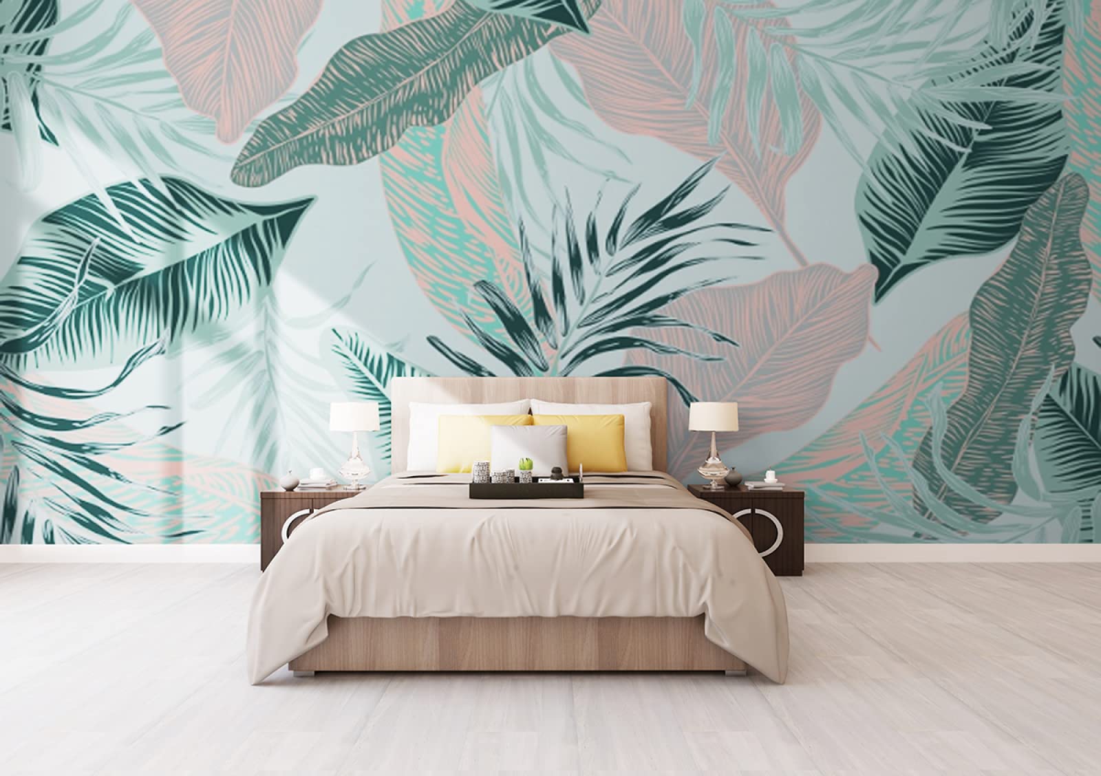 Papier peint mural 3d feuilles roses vertes revêtement intissé pour décoration chambre