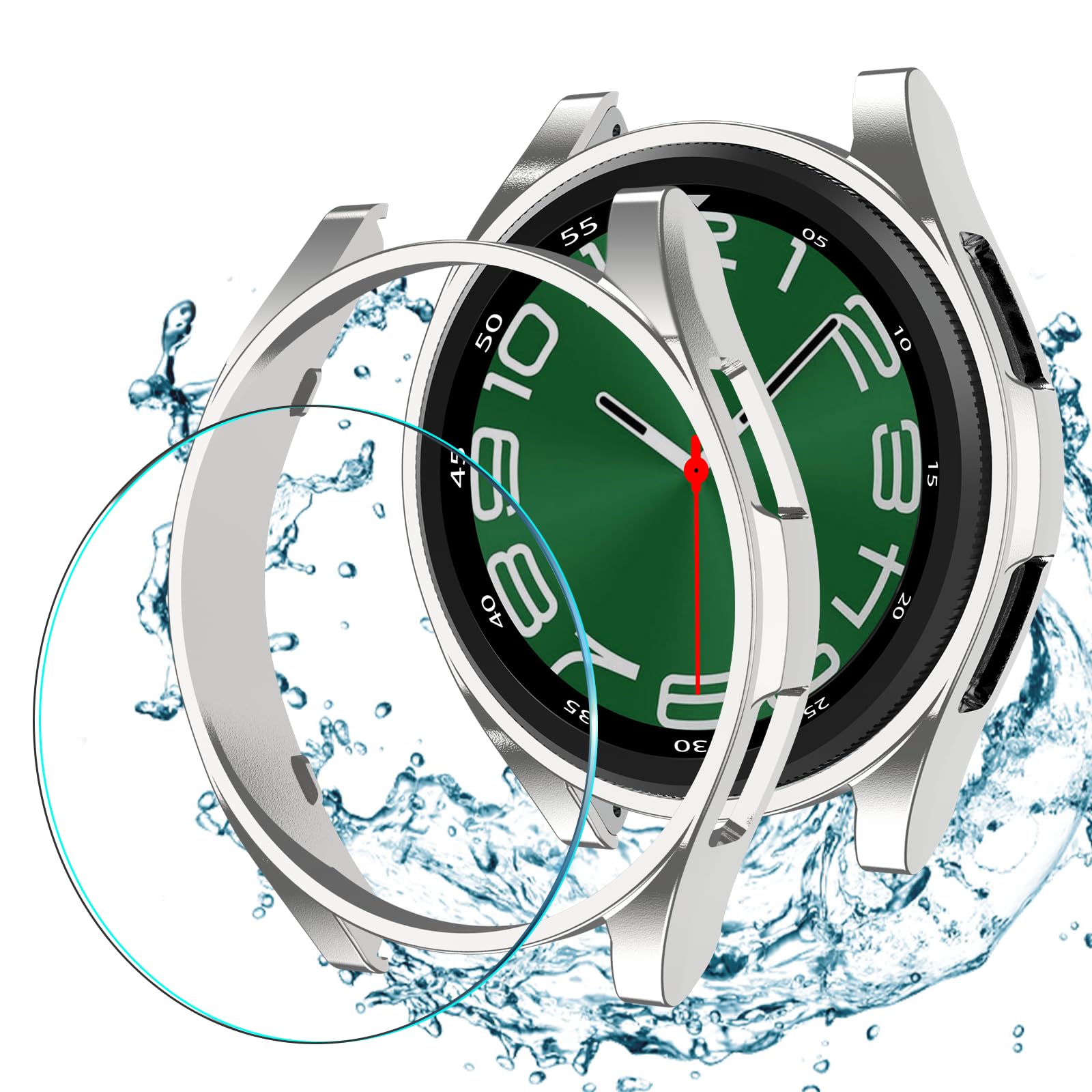 YMHML [2+2 Pack] Samsung Galaxy Watch 6 Classic Screen Protector Case 47mm, Tempered Glass Film+Hard PC Bumper Case Waterproof Easy Install Full Cover Compatible for Samsung Accessories, Silver