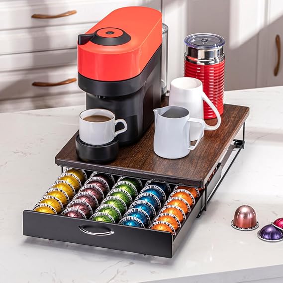 Nespresso Vertuo Coffee Pod Holder - Elegant Wood Top, 50 Pod Capacity