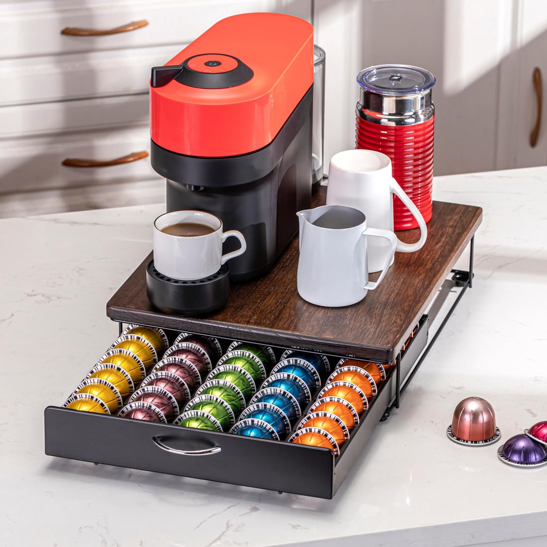 Flagship Uchwyt na kapsułki Nespresso, Vertuo, szuflada, uchwyt na kapsułkę Vertuo z eleganckim drewnianym blatem, pojemność 50 kapsułek